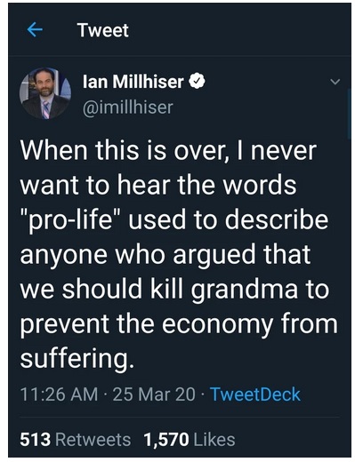 lyrics - Tweet lan Millhiser When this is over, I never want to hear the words "prolife" used to describe anyone who argued that we should kill grandma to prevent the economy from suffering. 25 Mar 20 TweetDeck, 513 1,570