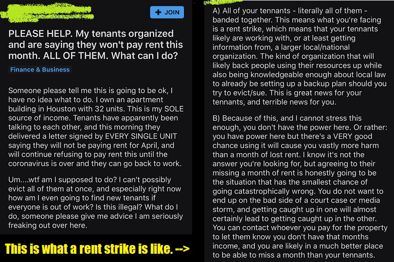 screenshot - Anak Join Please Help. My tenants organized, and are saying they won't pay rent this month. All Of Them. What can I do? Finance & Business A All of your tennants literally all of them banded together. This means what you're facing is a rent s