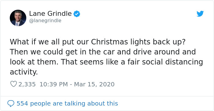 macaulay culkin home alone tweet - Lane Grindle What if we all put our Christmas lights back up? Then we could get in the car and drive around and look at them. That seems a fair social distancing activity. 2,335 9