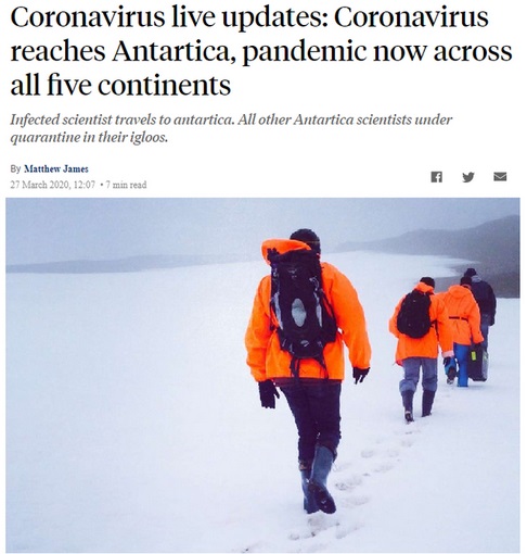 winter - Coronavirus live updates Coronavirus reaches Antartica, pandemic now across all five continents Infected scientist travels to antartica. All other Antartica scientists under quarantine in their igloos. By Matthew James , . 7 min read