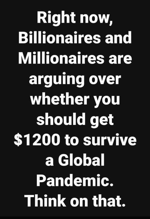 monochrome - Right now, Billionaires and Millionaires are arguing over whether you should get $1200 to survive a Global Pandemic. Think on that.