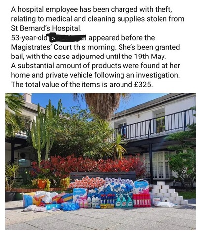 tree - A hospital employee has been charged with theft, relating to medical and cleaning supplies stolen from St Bernard's Hospital. 53yearold el appeared before the Magistrates' Court this morning. She's been granted bail, with the case adjourned until t