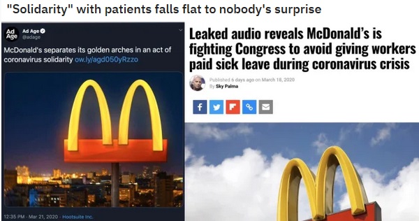 heat - Ad "Solidarity" with patients falls flat to nobody's surprise Leaked audio reveals McDonald's is McDonald's separates its golden arches in an act of fighting Congress to avoid giving workers paid sick leave during coronavirus crisis Adegadage Ad Ag