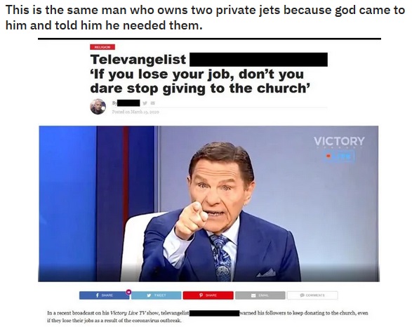 conversation - This is the same man who owns two private jets because god came to him and told him he needed them. Televangelist 'If you lose your job, don't you dare stop giving to the church' Victory Tae Se warned his ers to keep donating to the church,