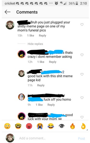 screenshot - 0 36%. cricket.O Bruh you just plugged your shitty meme page on one of my mom's funeral pics 15h 1 Hide replies us thats crazy i dont remember asking 12h 1 2 good luck with this shit meme page kid 11h sfuck off you homo 1 9h e good luck with 