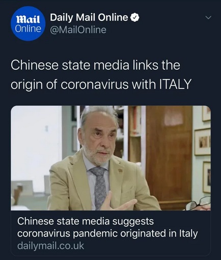 daily mail - Online mail Daily Mail Online Chinese state media links the origin of coronavirus with Italy Chinese state media suggests coronavirus pandemic originated in Italy dailymail.co.uk