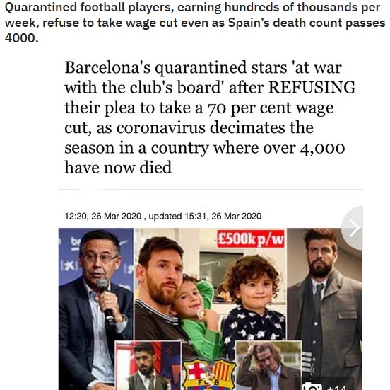know what you got till - Quarantined football players, earning hundreds of thousands per week, refuse to take wage cut even as Spain's death count passes 4000. Barcelona's quarantined stars 'at war with the club's board' after Refusing their plea to take 