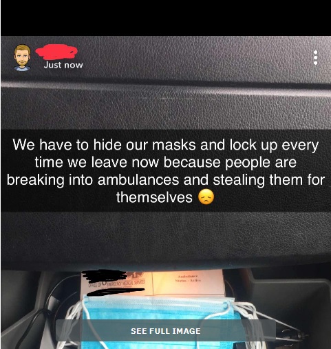 car - Just now We have to hide our masks and lock up every time we leave now because people are breaking into ambulances and stealing them for themselves Love See Full Image