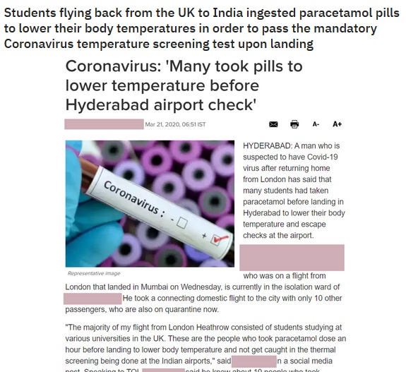 media - Students flying back from the Uk to India ingested paracetamol pills to lower their body temperatures in order to pass the mandatory Coronavirus temperature screening test upon landing Coronavirus 'Many took pills to lower temperature before Hyder