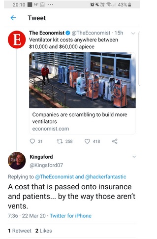 web page - W .. S. 43% Tweet v E The Economist 15h Ventilator kit costs anywhere between $10,000 and $60,000 apiece Companies are scrambling to build more ventilators economist.com 31t7 258 418 Kingsford and A cost that is passed onto insurance and patien