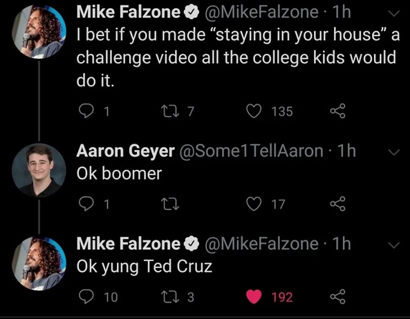 screenshot - Mike Falzone 1h v I bet if you made staying in your house" a challenge video all the college kids would do it. Q1 227 135 8 v Aaron Geyer TellAaron 1h Ok boomer on 22 17 g vi Mike Falzone 1h Ok yung Ted Cruz o 10 27 3 192 g