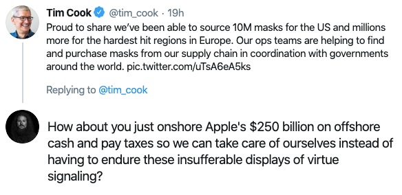 document - Tim Cook 19h Proud to we've been able to source 10M masks for the Us and millions more for the hardest hit regions in Europe. Our ops teams are helping to find and purchase masks from our supply chain in coordination with governments around the