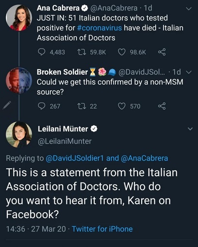 screenshot - Ana Cabrera 1d Just In 51 Italian doctors who tested positive for have died Italian Association of Doctors 4,483 2 Broken Soldier X Sol... .1d v Could we get this confirmed by a nonMsm source? 267 22 22 570 Leilani Mnter Munter JSoldier1 and 