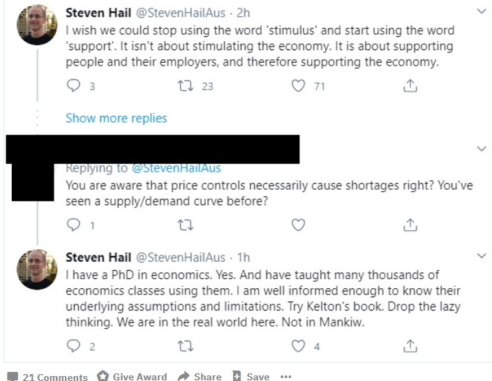 facebook - I wish we could stop using the word 'stimulus' and start using the word 'support'. It isn't about stimulating the economy. It is about supporting people and their employers, and therefore supporting the economy. - I have a PhD in economics.