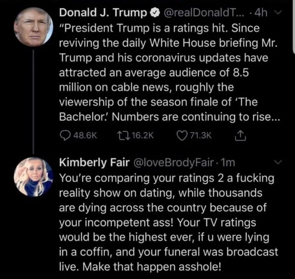 twitter - Donald J. Trump: "President Trump is a ratings hit." - You're comparing your ratings 2 a fucking reality show on dating, while thousands are dying across the country because of your incompetent ass! Your TV ratings would be the highest ever if y