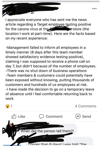 wolf - I appreciate everyone who has sent me the news article regarding a Target employee testing positive for the carona virus at the store the location I work at parttime. Here are the facts based on my recent experience Management failed to inform all…