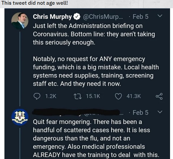 flag of connecticut - This tweet did not age well! V Chris Murphy ... Feb 5 Just left the Administration briefing on Coronavirus. Bottom line they aren't taking this seriously enough. Notably, no request for Any emergency funding, which is a big mistake. 