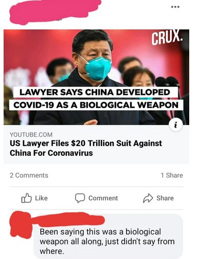 media - Crux. Lawyer Says China Developed Covid19 As A Biological Weapon Youtube.Com Us Lawyer Files $20 Trillion Suit Against China For Coronavirus 2 1 Comment Been saying this was a biological weapon all along, just didn't say from where.