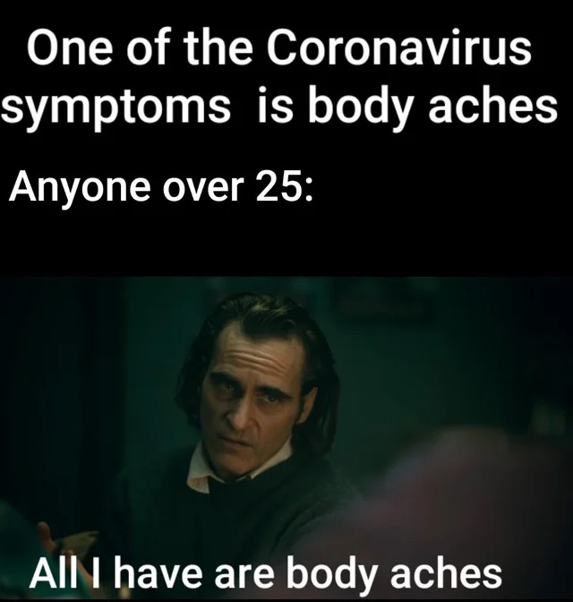 photo caption - One of the Coronavirus symptoms is body aches Anyone over 25 All I have are body aches