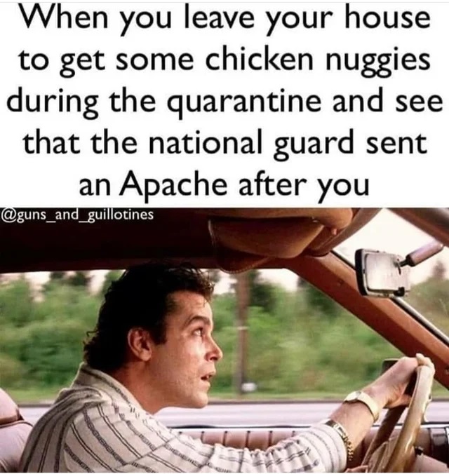 ray liotta goodfellas driving - When you leave your house to get some chicken nuggies during the quarantine and see that the national guard sent an Apache after you