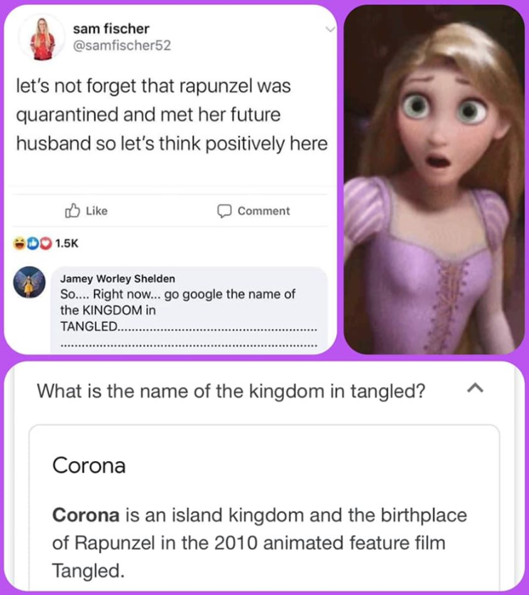 smile - sam fischer let's not forget that rapunzel was quarantined and met her future husband so let's think positively here Comment Do Jamey Worley Shelden So.... Right now... go google the name of the Kingdom in Tangled.... .............................