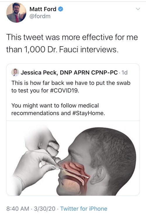 jaw - Matt Ford This tweet was more effective for me than 1,000 Dr. Fauci interviews. Jessica Peck, Dnp Aprn CpnpPc. 1d This is how far back we have to put the swab to test you for . You might want to medical recommendations and Home. 33020 Twitter for iP