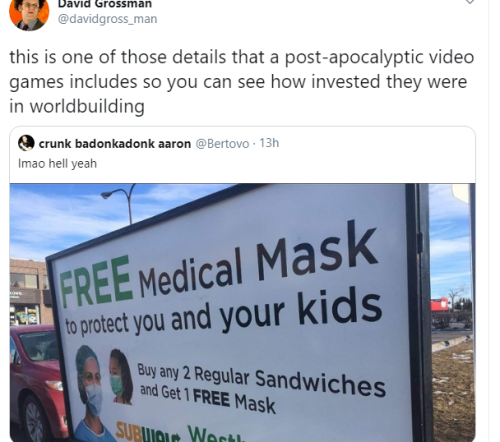 vehicle - David Grossman this is one of those details that a postapocalyptic video games includes so you can see how invested they were in worldbuilding crunk badonkadonk aaron 13h Imao hell yeah Free Medical Mask to protect you and your kids Buy any 2 Re