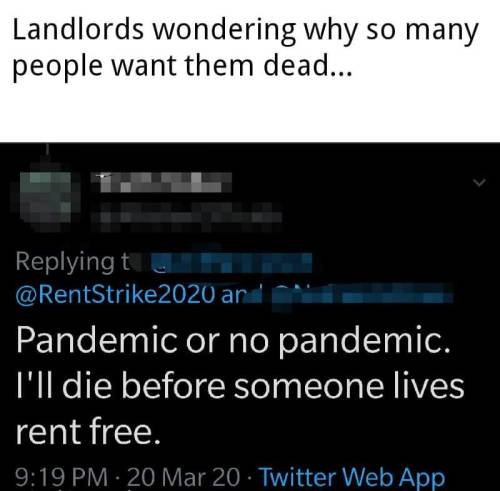 software - Landlords wondering why so many people want them dead... ing t ar '" Pandemic or no pandemic. I'll die before someone lives rent free. 20 Mar 20 Twitter Web App