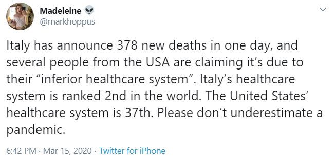 civil war tweet - Madeleine Italy has announce 378 new deaths in one day, and several people from the Usa are claiming it's due to their "inferior healthcare system". Italy's healthcare system is ranked 2nd in the world. The United States' healthcare syst