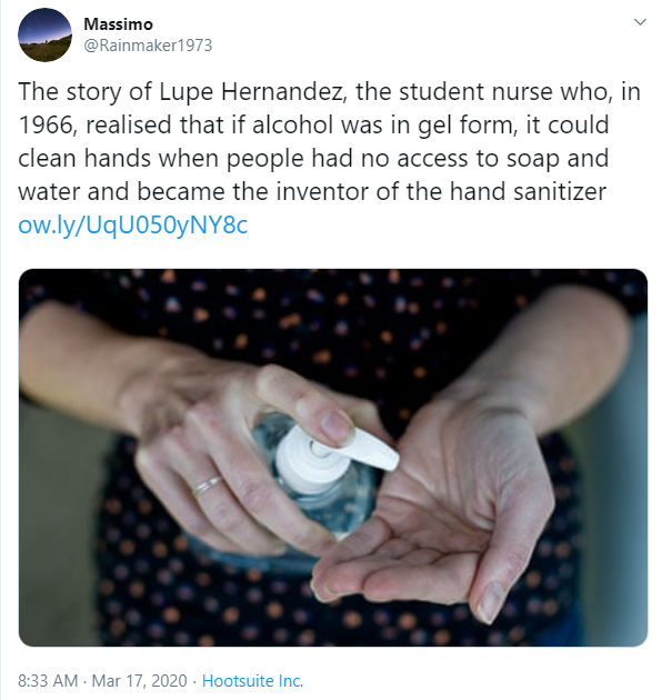 nurse lupe hernandez - Massimo 1973 The story of Lupe Hernandez, the student nurse who, in 1966, realised that if alcohol was in gel form, it could clean hands when people had no access to soap and water and became the inventor of the hand sanitizer ow.ly