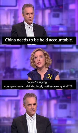 so you re saying jordan peterson template - China needs to be held accountable. So you're saying ... your government did absolutely nothing wrong at all???