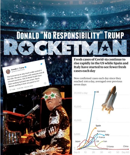 poster - Donald "No Responsibility" Trump Rocketman Fresh cases of Covid19 continue to rise rapidly in the Us while Spain and Italy have started to see fewer fresh cases each day Donald Trum New confirmed cases each day since they reached 100 a day, avera