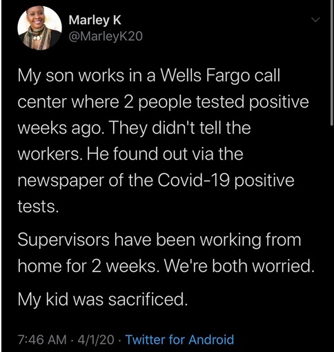 eminem beautiful lyrics - Marley K My son works in a Wells Fargo call center where 2 people tested positive weeks ago. They didn't tell the 'workers. He found out via the newspaper of the Covid19 positive tests. Supervisors have been working from home for