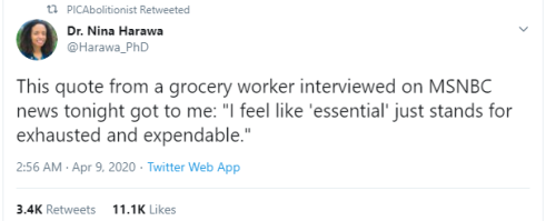 post cowboy - PICAbolitionist Retweeted Dr. Nina Harawa PhD This quote from a grocery worker interviewed on Msnbc news tonight got to me "I feel 'essential' just stands for exhausted and expendable." . Twitter Web App