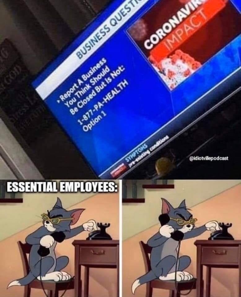 tom cat phone meme - Business Quest? Coronavir Impact Report A Business You Think Should Be Closed But Is Not 1877PaHealth Option 1 Essential Employees