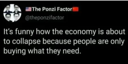 darkness - The Ponzi Factor It's funny how the economy is about to collapse because people are only buying what they need.