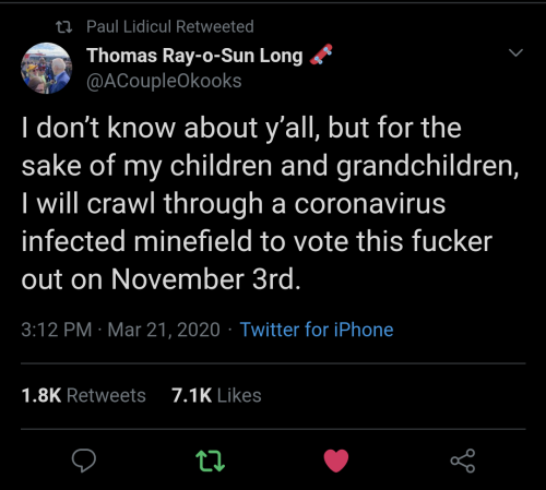 t7 Paul Lidicul Retweeted Thomas RayoSun Long I don't know about y'all, but for the sake of my children and grandchildren, I will crawl through a coronavirus infected minefield to vote this fucker out on November 3rd. Twitter for iPhone