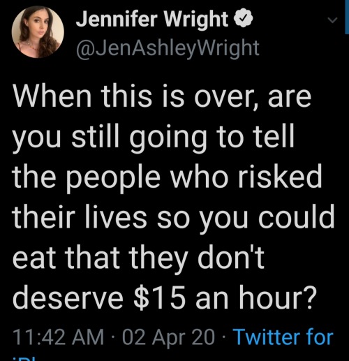 weird art - Jennifer Wright When this is over, are you still going to tell the people who risked their lives so you could eat that they don't deserve $15 an hour? 02 Apr 20 Twitter for