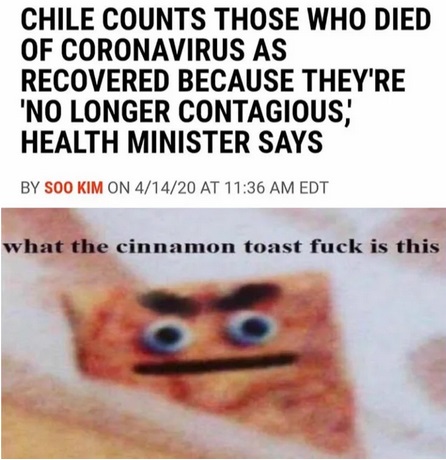 sign - Chile Counts Those Who Died Of Coronavirus As Recovered Because They'Re 'No Longer Contagious, Health Minister Says By Soo Kim On 41420 At Edt what the cinnamon toast fuck is this