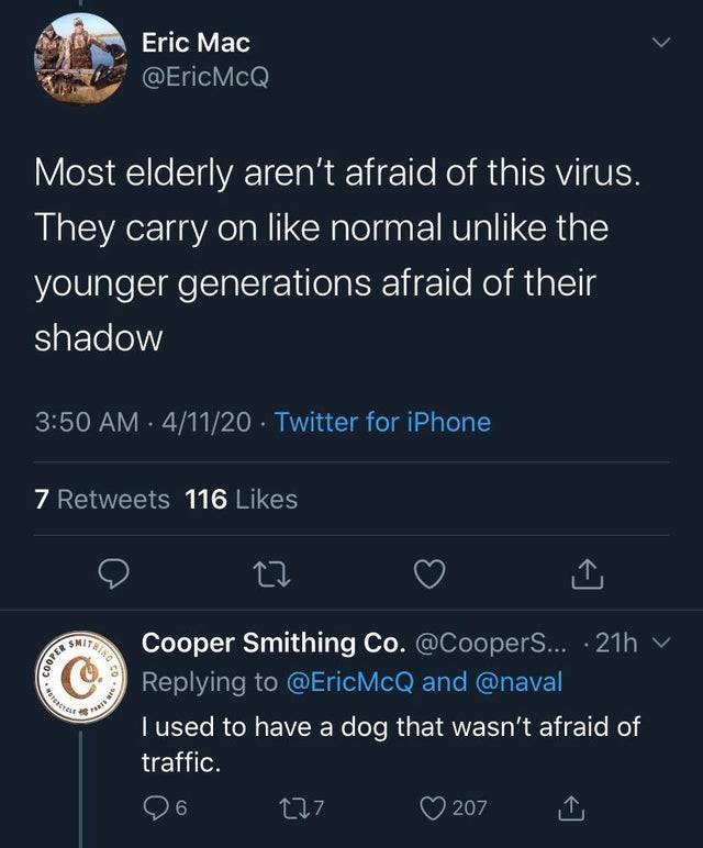 screenshot - Eric Mac Most elderly aren't afraid of this virus. They carry on normal un the younger generations afraid of their shadow 41120 Twitter for iPhone 7 116 o 22 Cooper Smithing Co. ... 21h and I used to have a dog that wasn't afraid of traffic. 