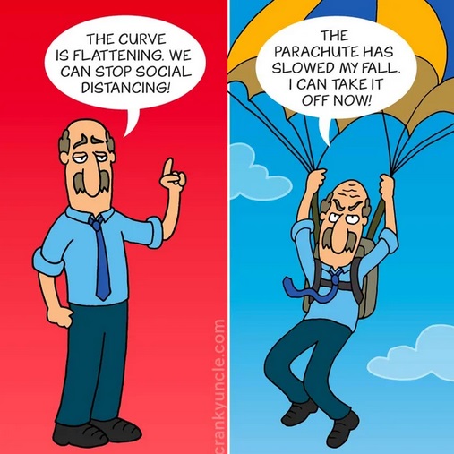 cartoon - The Curve Is Flattening. We Can Stop Social Distancing! The Parachute Has Slowed My Fall. I Can Take It Off Now! 0 crankyuncle.com