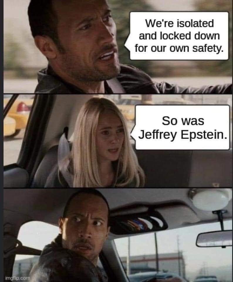 rock covid meme - We're isolated and locked down for our own safety. So was Jeffrey Epstein. imgflip.com