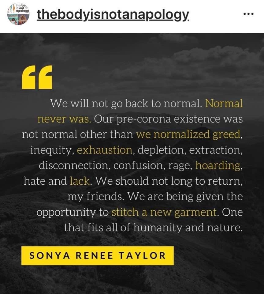 atmosphere - rebo Is not e apology thebodyisnotanapology. We will not go back to normal. Normal never was. Our precorona existence was not normal other than we normalized greed, inequity, exhaustion, depletion, extraction, disconnection, confusion, rage, 