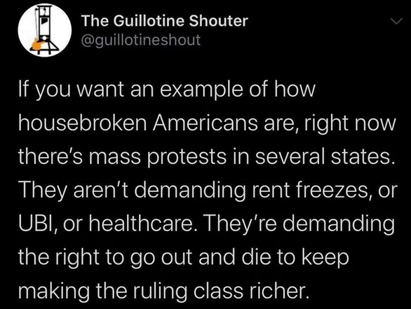 angle - The Guillotine Shouter 'If you want an example of how housebroken Americans are, right now there's mass protests in several states. They aren't demanding rent freezes, or Ubi, or healthcare. They're demanding the right to go out and die to keep 'm