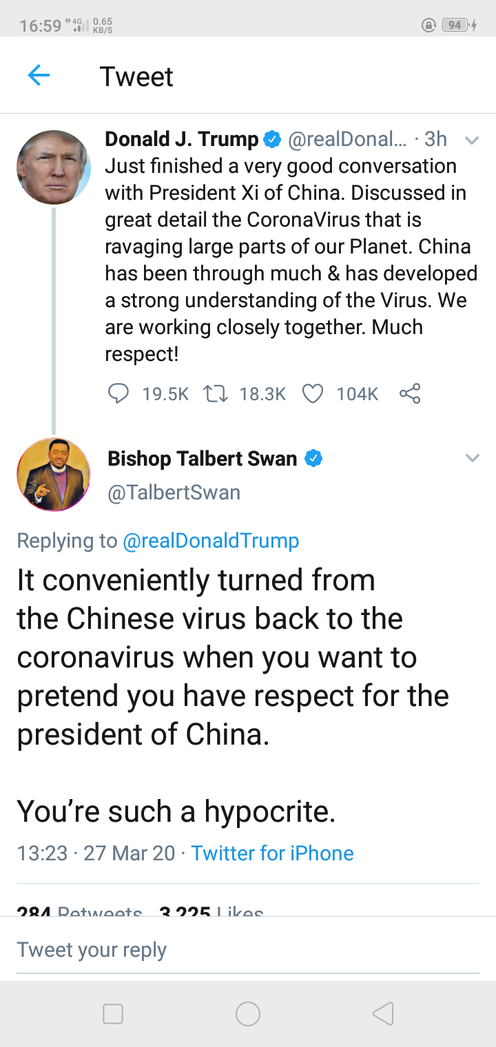 screenshot - 20 @ 944 Tweet Donald J. Trump ... 3h v Just finished a very good conversation with President Xi of China. Discussed in great detail the CoronaVirus that is ravaging large parts of our planet. China has been through much & has developed a str