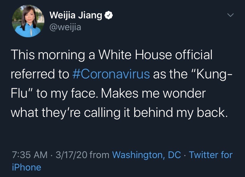 devil wears prada tumblr post - Weijia Jiang This morning a White House official referred to as the "Kung Flu" to my face. Makes me wonder what they're calling it behind my back. 31720 from Washington, Dc Twitter for iPhone