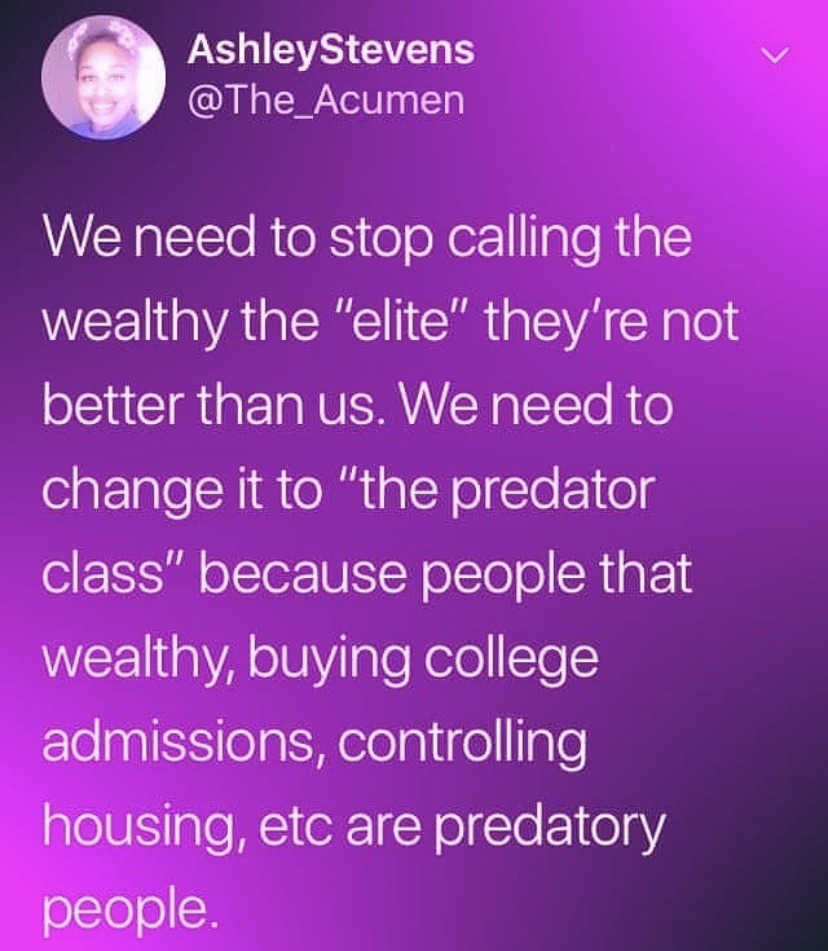 sky - Ashley Stevens We need to stop calling the wealthy the "elite" they're not change it to "the predator class" because people that wealthy, buying college admissions, controlling housing, etc are predatory people.