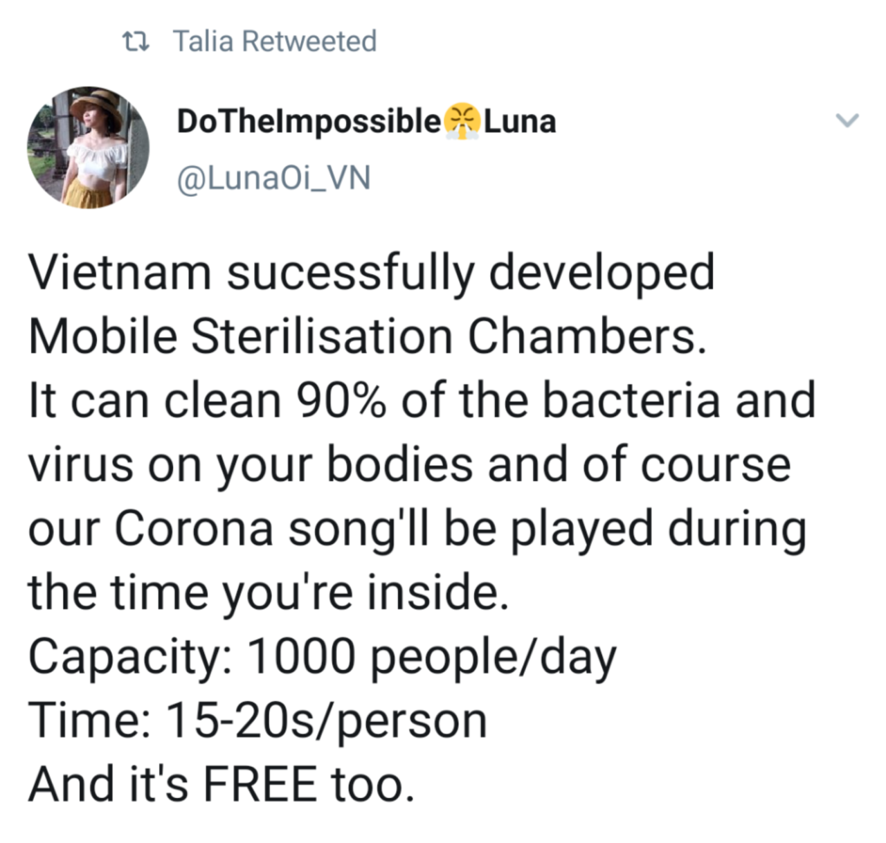 quotes about girls - t? Talia Retweeted Do Thelmpossible Luna Vietnam sucessfully developed Mobile Sterilisation Chambers. It can clean 90% of the bacteria and virus on your bodies and of course our Corona song'll be played during the time you're inside. 