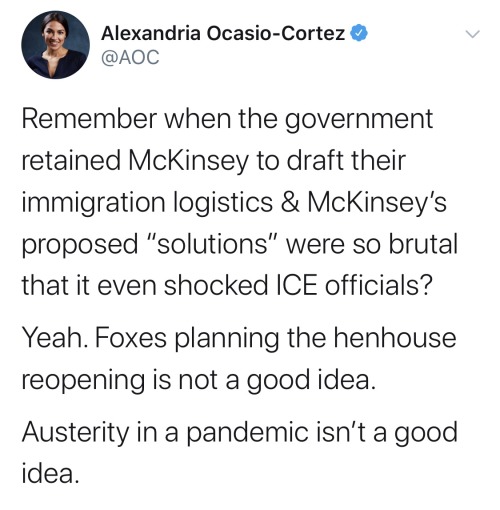 document - Alexandria OcasioCortez Remember when the government retained McKinsey to draft their immigration logistics & McKinsey's proposed "solutions" were so brutal that it even shocked Ice officials? Yeah. Foxes planning the henhouse reopening is not 