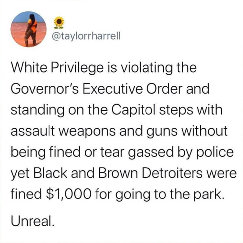 White privilege - White Privilege is violating the Governor's Executive Order and standing on the Capitol steps with assault weapons and guns without being fined or tear gassed by police yet Black and Brown Detroiters were fined $1,000 for going to the pa